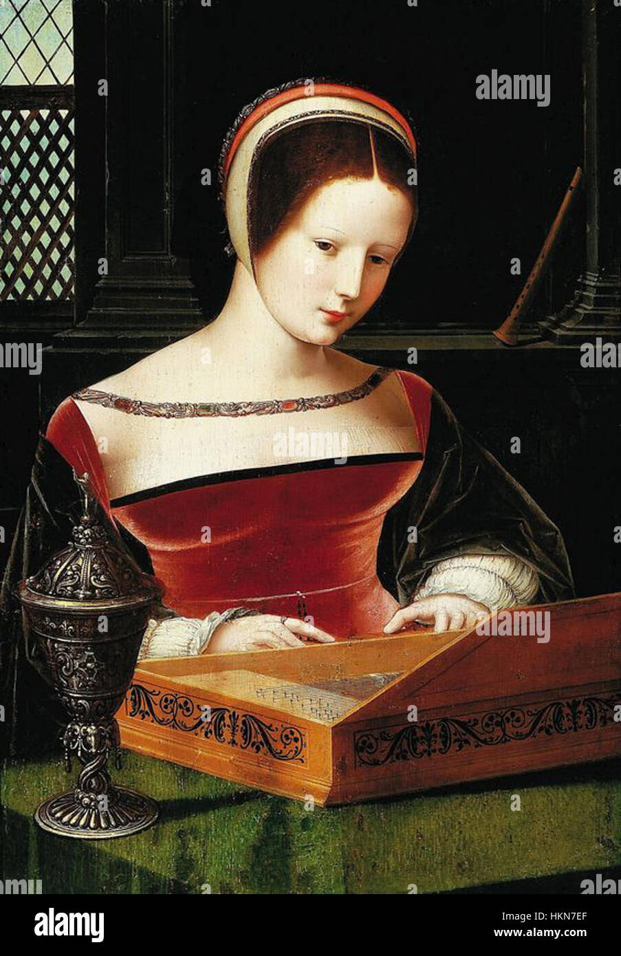 Dieses Porträt des Meisters der weiblichen Halblänge zeigt eine Dame aus dem 17. Jahrhundert. Die Künstlerin fängt das Thema mit Anmut ein und präsentiert sie in einer halblangen Komposition. Ihre modische Kleidung und ihr ausgeglichener Ausdruck sind typisch für das Porträt dieser Epoche. Stockfoto