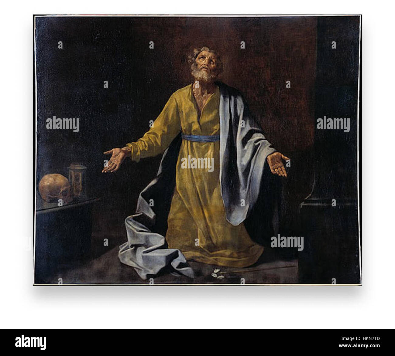 Simone Cantarinis Gemälde „Saint Joseph“ stellt die biblische Figur in einer ruhigen und würdevollen Weise dar. Das Werk zeigt Cantarinis Fähigkeit, religiöse Figuren in idealisierter Form zu erfassen, die barocke Empfindlichkeiten widerspiegelt. Stockfoto