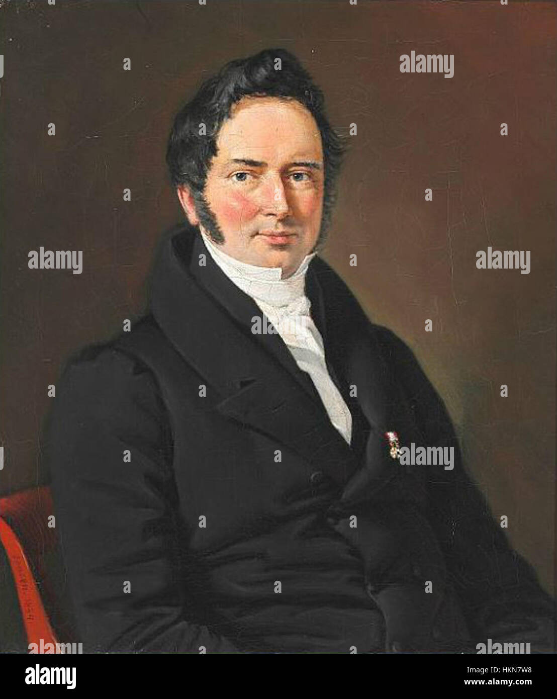 Das Porträt von Adam Oehlenschlaeger, gemalt von C. A. Jensen, spiegelt den künstlerischen Stil des 19. Jahrhunderts wider. Es verbindet klassische Techniken mit modernen Interpretationen der Porträtmalerei während dieser Zeit. Stockfoto