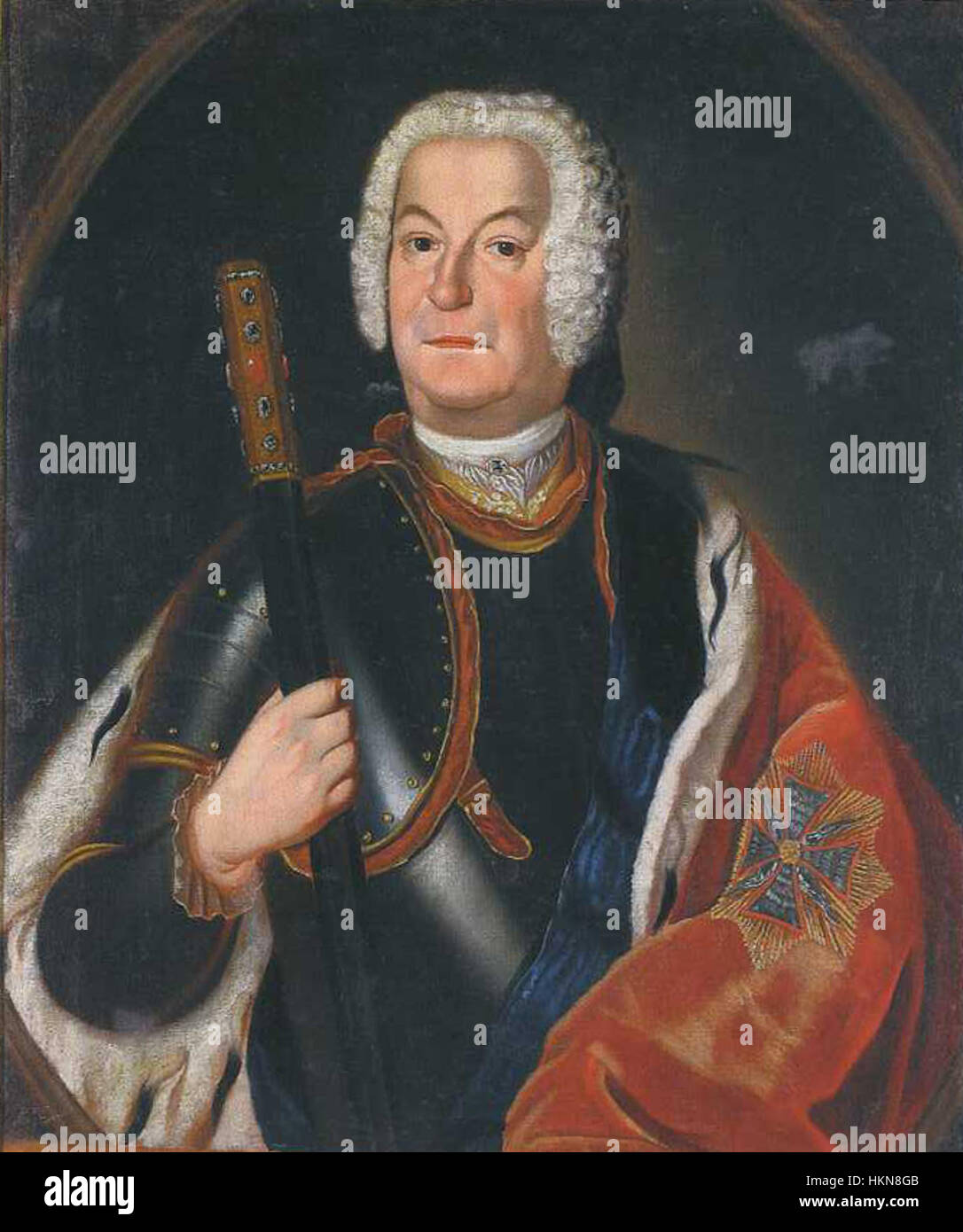 Ein Porträt von Pavlo Karl Sangushko, das die prominente historische Figur im traditionellen Stil des 19. Jahrhunderts darstellt. Dieses Kunstwerk repräsentiert die klassischen Porträttechniken der Zeit und zeigt die raffinierten Merkmale und formale Kleidung der Figur. Stockfoto