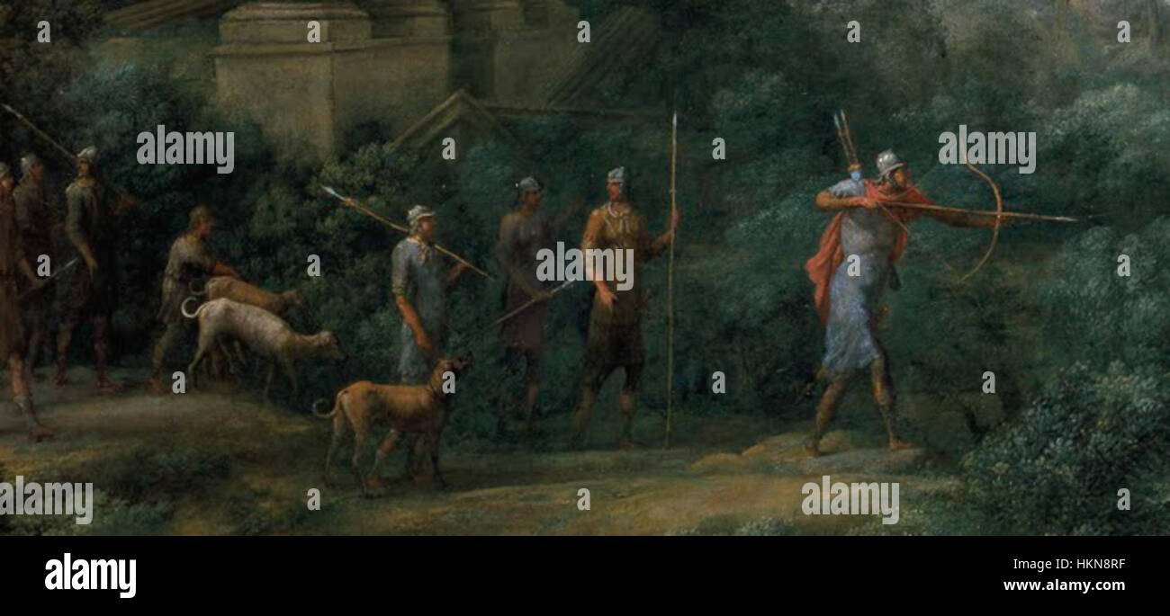 Dieses beschnittene Detail von Claude Lorrains „Ascanius Shooting the Hirsch of Sylvia“ veranschaulicht eine mythologische Szene aus der Aeneid und fängt den Moment ein, in dem Ascanius während einer Jagd im alten Italien den Hirsch erschießt. Stockfoto