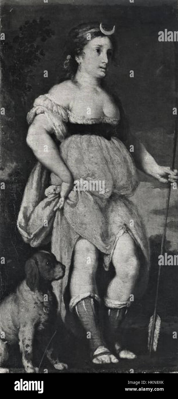 Diana cacciatrice (Diana die Jägerin) von Bernardo Strozzi ist ein barockes Gemälde, das die römische Göttin Diana in dynamischer Jagdposition darstellt. Das Stück spiegelt die klassischen Themen der Mythologie und Natur wider, die in Kunstwerken aus der Barockzeit üblich sind. Stockfoto