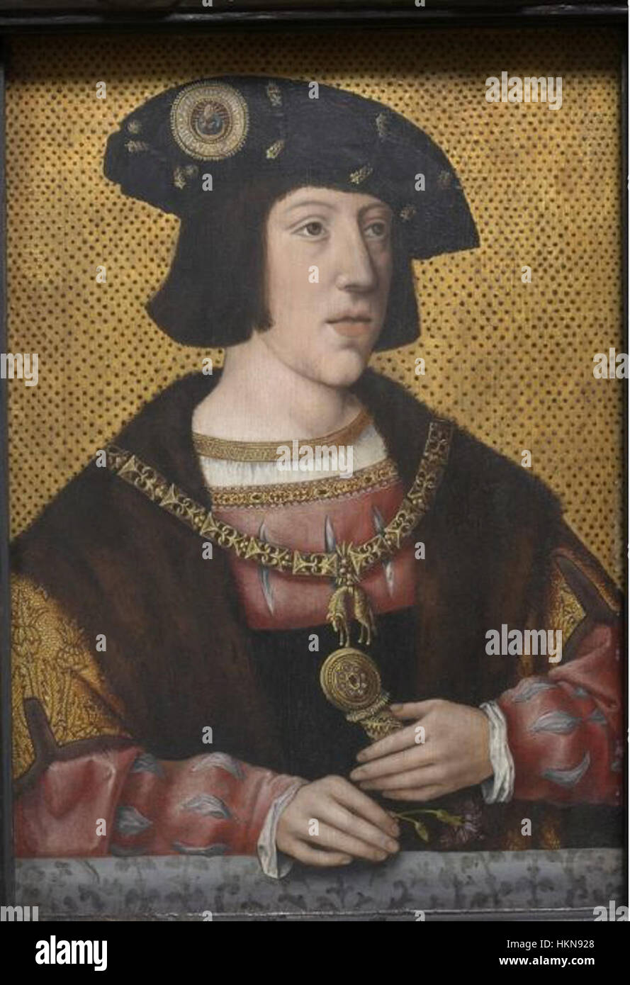 Dieses Porträt nach Bernard van Orley zeigt den Kaiser Karl V. des Heiligen Römischen Reiches. Das Werk zeigt die königliche Präsenz des Kaisers und erfasst seine Führung und Autorität in der Renaissance. Stockfoto