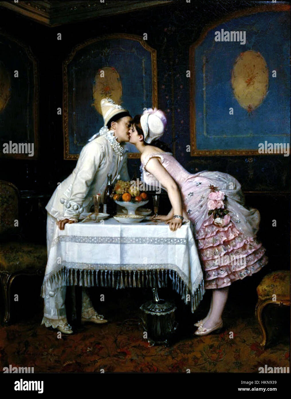 Auguste Toulmouches 'Le Baiser' ist ein Meisterwerk der französischen Malerei des 19. Jahrhunderts, das einen intimen Moment einfängt und seine Expertise in der Darstellung romantischer Themen zeigt, bekannt für seine detaillierten Genreszenen und feine Pinselführung. Stockfoto