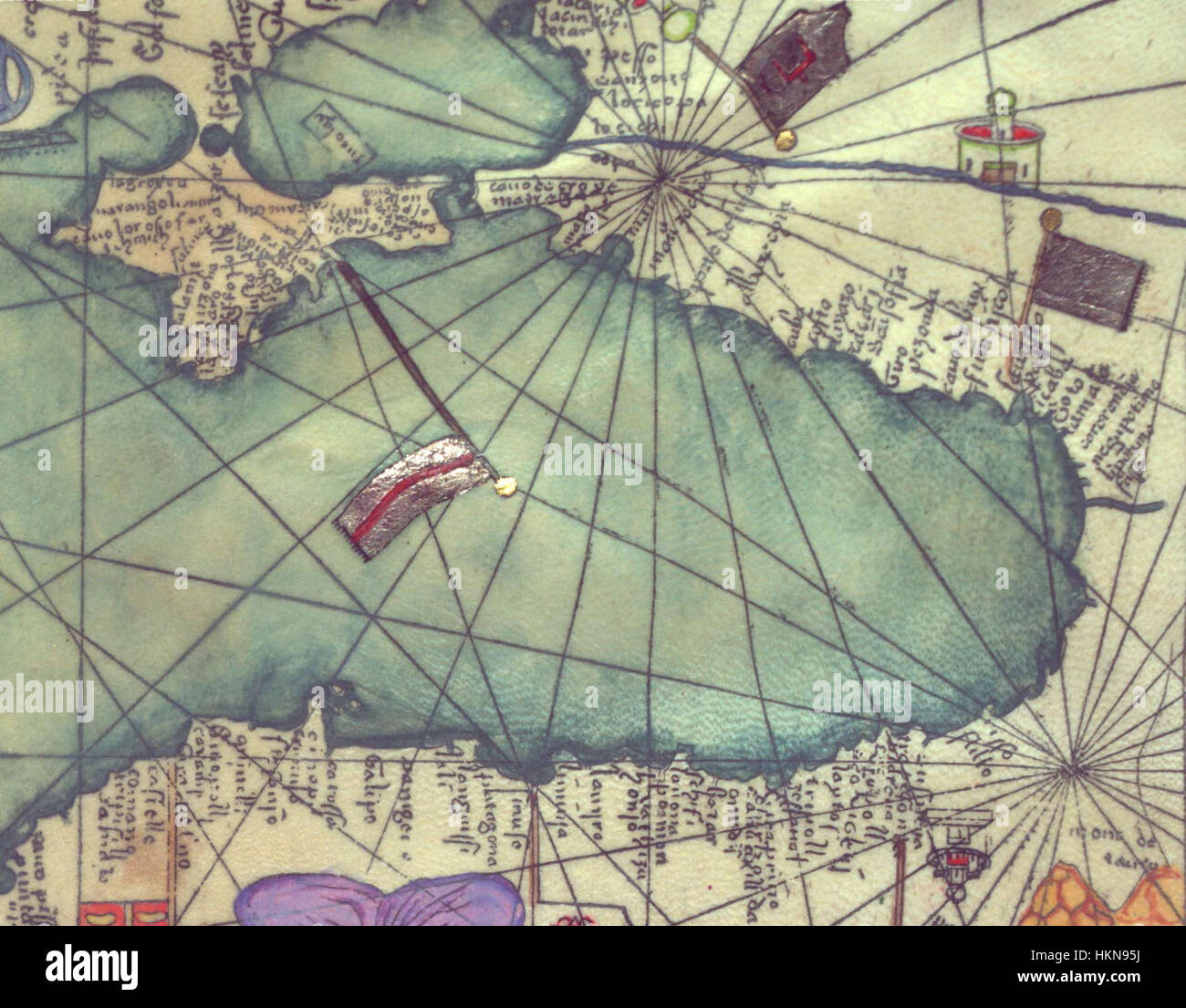 Diese Karte aus dem katalanischen Atlas, erstellt von Abraham und Jehuda Cresques im 14. Jahrhundert, bietet einen detaillierten Blick auf Osteuropa aus dem Süden. Es ist eine der wichtigsten erhaltenen mittelalterlichen Weltkarten und bietet Einblicke in das geographische Wissen der Zeit. Stockfoto