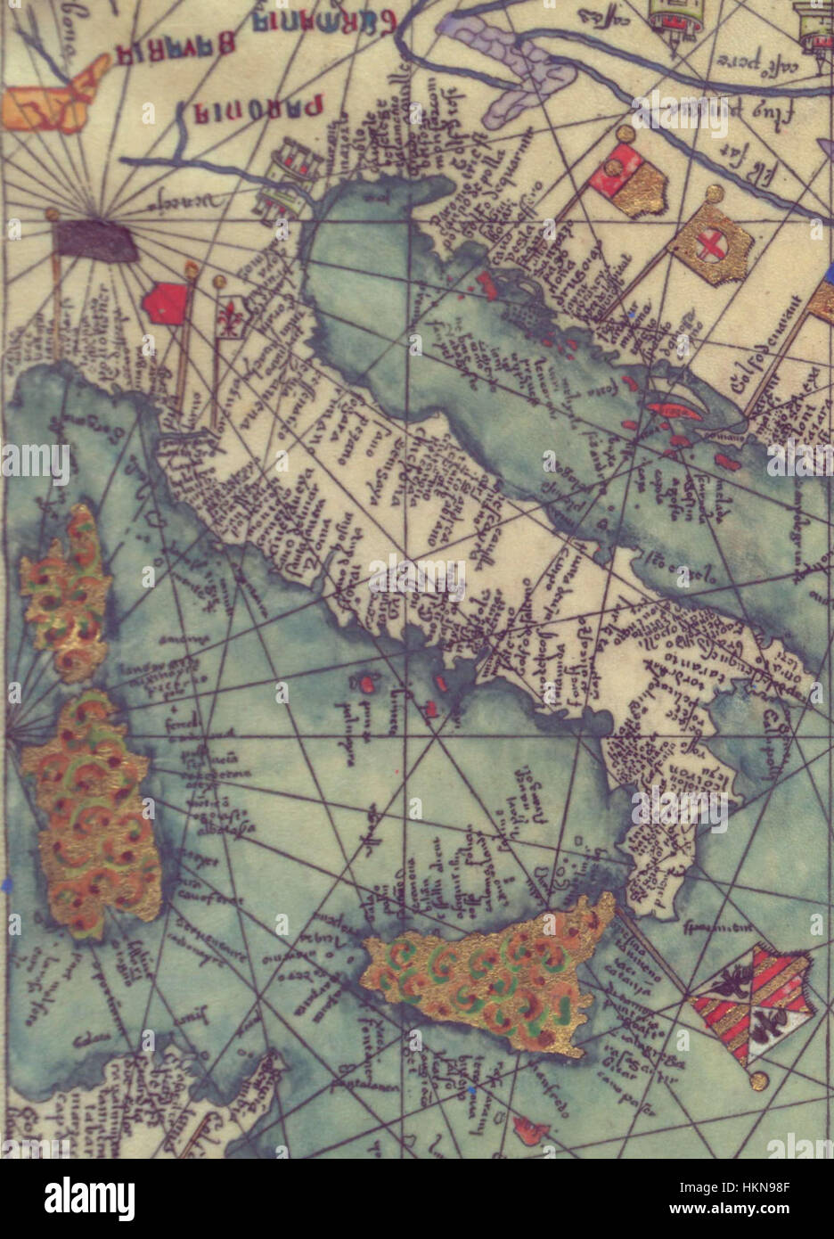 Der katalanische Atlas von Abraham und Jehuda Cresques bietet eine detaillierte Karte Osteuropas aus dem Süden, die Einblicke in die mittelalterliche Kartographie und das geografische Verständnis bietet. Stockfoto