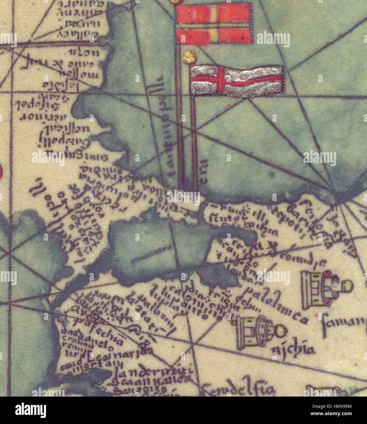 Der katalanische Atlas, der von Abraham und Jehuda Cresques erstellt wurde, bietet eine detaillierte Karte Osteuropas, die geographische und kulturelle Besonderheiten aus südlicher Sicht zeigt, die im 14. Jahrhundert erstellt wurde. Stockfoto