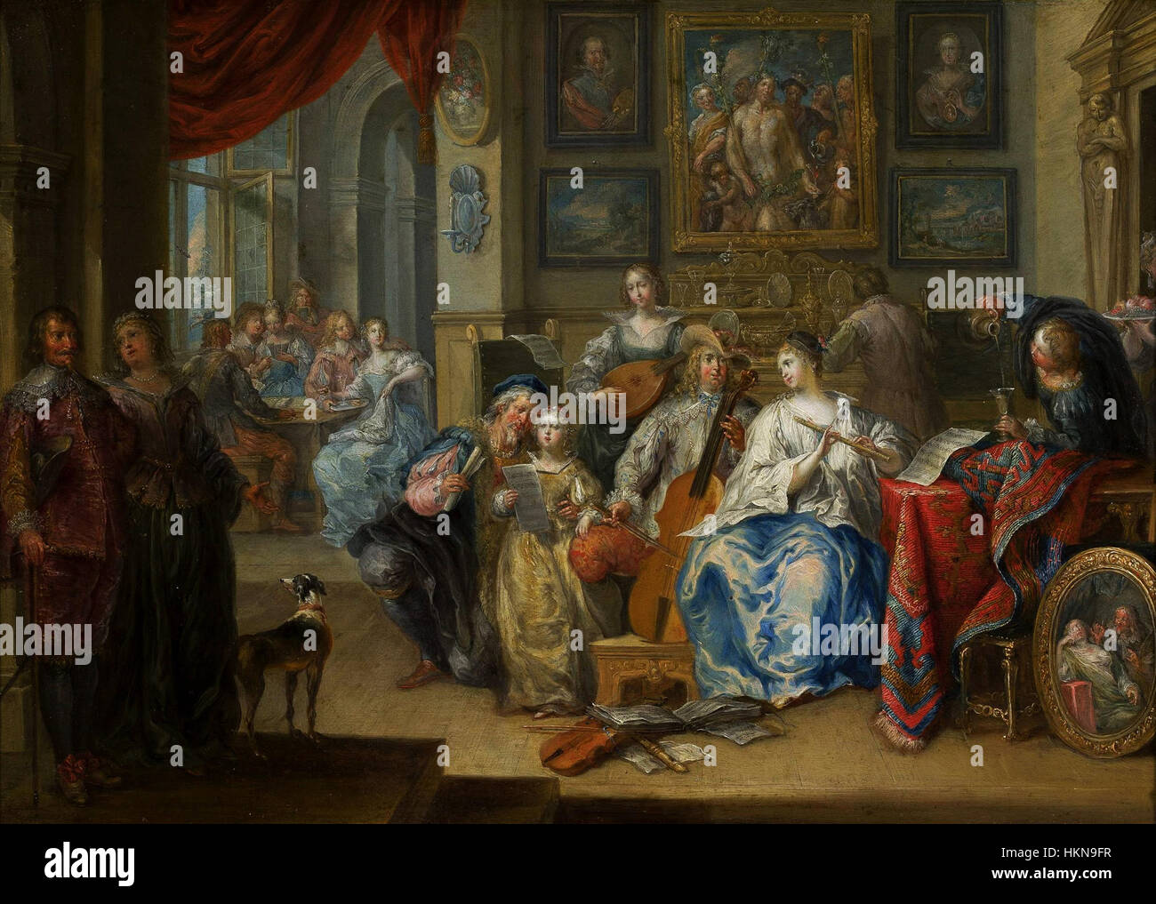 Dieses Kunstwerk mit dem Titel „Platzer Concert“ zeigt eine musikalische Aufführung oder Konzertszene. Das Stück spiegelt wahrscheinlich die kulturelle Atmosphäre und Geschichte seiner Zeit wider, mit Musikern, Instrumenten und formaler Kleidung, die auf klassische Konzerttraditionen hinweist. Stockfoto