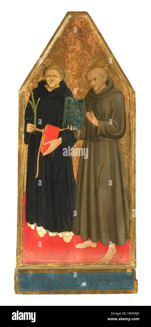 Dieses Gemälde aus Umbrien stellt den Heiligen Nikolaus und Bernhard dar, die ihre religiöse Bedeutung durch detaillierte religiöse Ikonographie einfangen. Das Stück stellt wichtige christliche Figuren und ihre Rollen in der heiligen Geschichte dar. Stockfoto