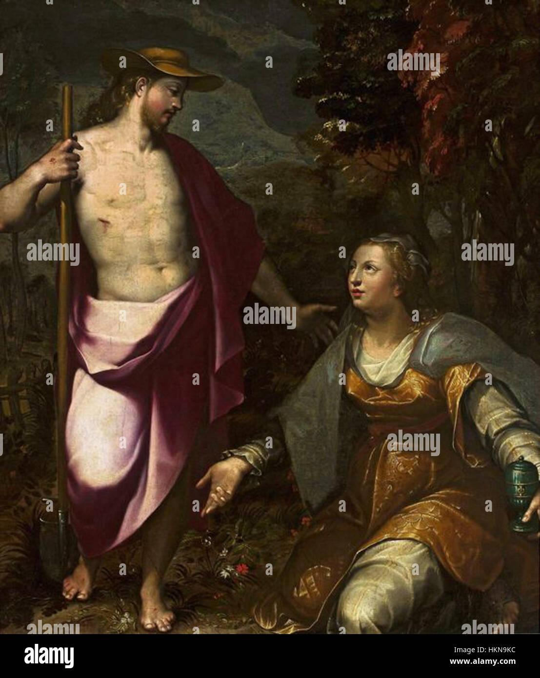 Das Gemälde „Christus als Gärtner und Maria Magdalena“ von Cobergher veranschaulicht den biblischen Moment, in dem Christus Maria Magdalena nach seiner Auferstehung erscheint. Das Kunstwerk verbindet religiösen Symbolismus mit lebendiger Charakterdarstellung. Stockfoto