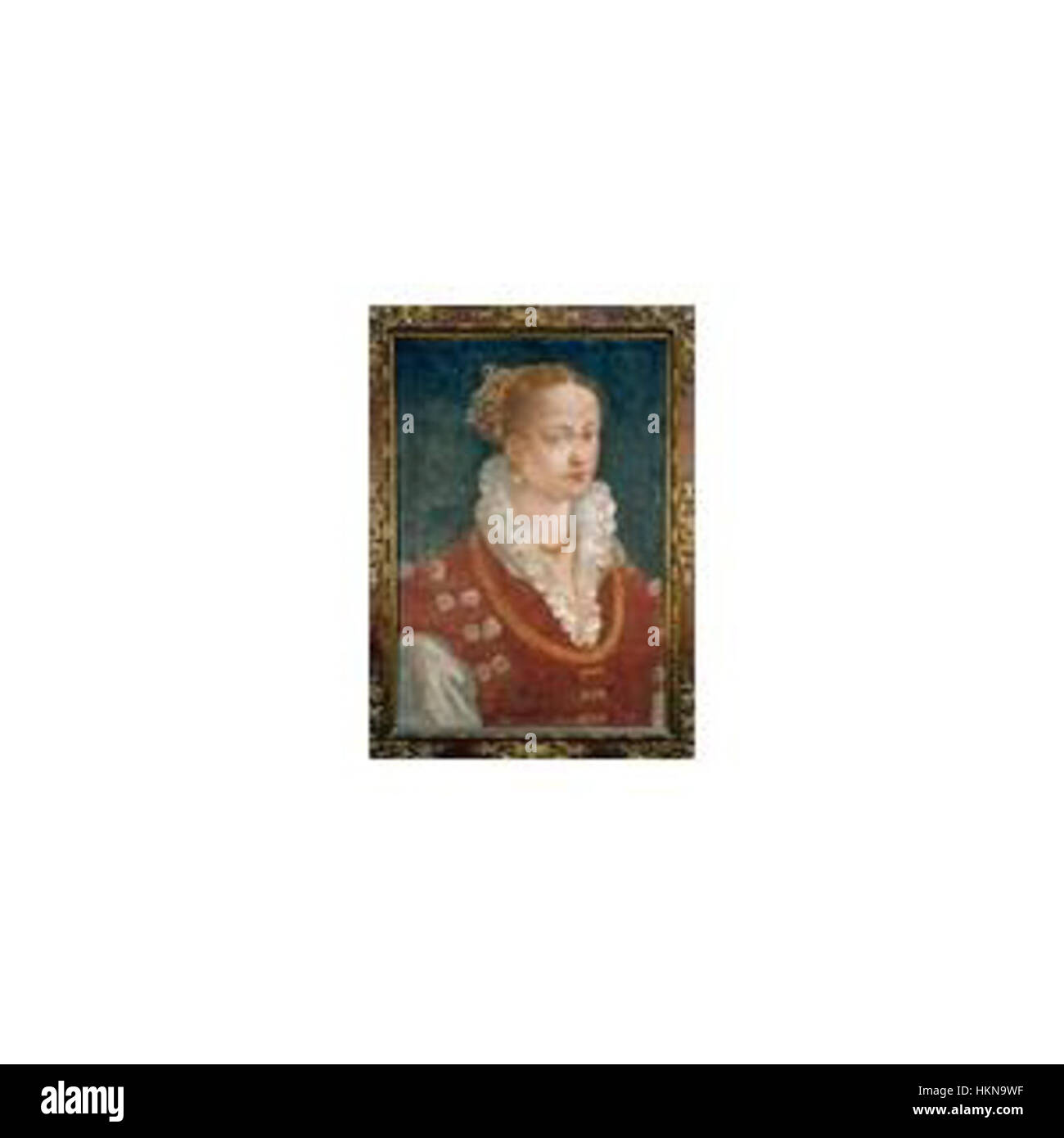 Dieses Porträt zeigt Bianca Capello, eine venezianische Adlige und die Frau von Francesco I. de' Medici. Das Gemälde unterstreicht ihre Eleganz und den raffinierten Stil der Renaissance, mit Liebe zum Detail in ihrer Kleidung und ihrem Ausdruck. Stockfoto