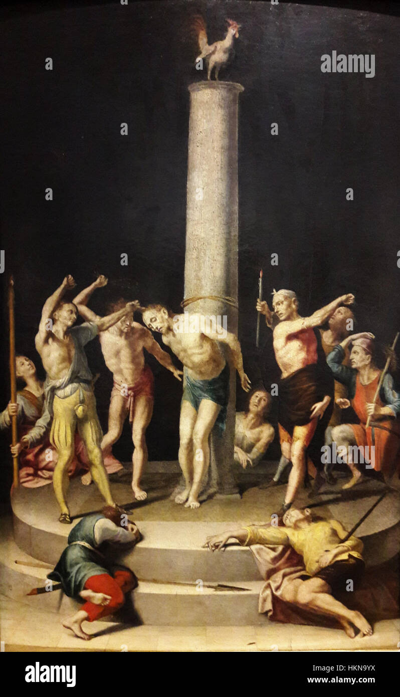 „Flagellation of Christ“ ist ein Kunstwerk, das Kempener zugeschrieben wird und die brutale Bestrafung Christi vor seiner Kreuzigung darstellt. Das Gemälde fängt die emotionale und körperliche Intensität des Ereignisses ein, typisch für die religiöse Kunst der Renaissance. Stockfoto
