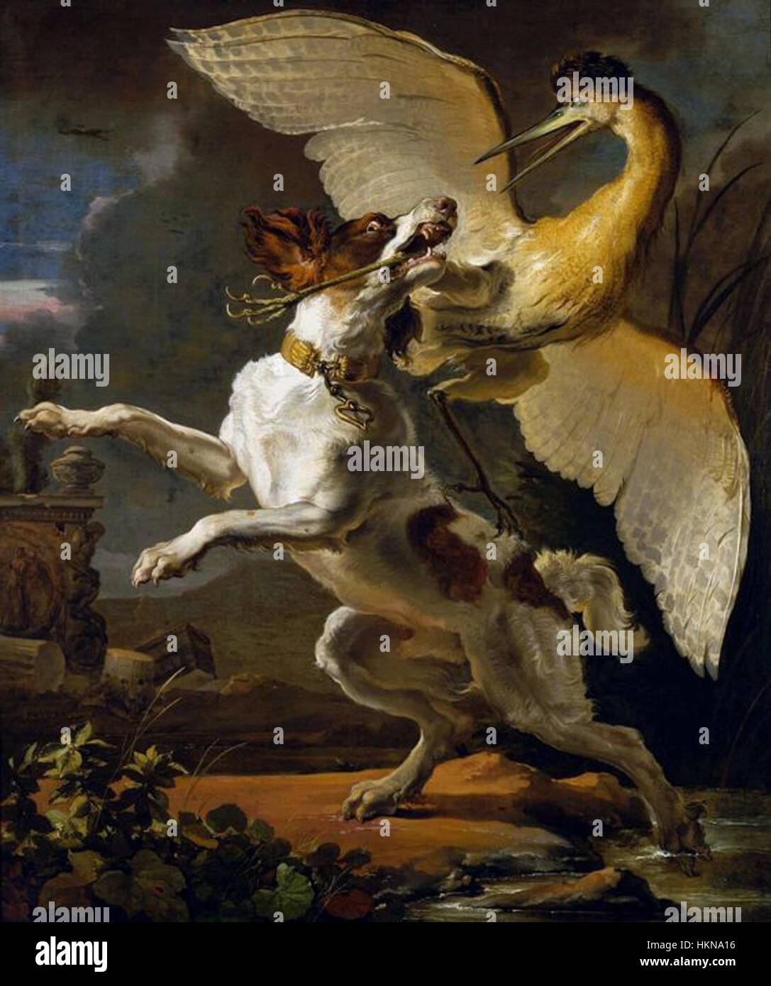 Ein Kupferstich von Jodocus Hondius, der eine dramatische Szene eines Kampfes zwischen einem Hund und einem Reiher illustriert. Hondius’ Arbeit zeigt detaillierte naturalistische Bilder und zeigt seine Expertise in der Erfassung von Tieren und deren Interaktionen. Stockfoto