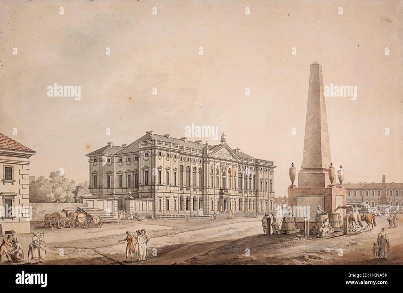 Dieses Gemälde zeigt den Commonwealth-Palast in Warschau aus südlicher Sicht und zeigt die Pracht der polnischen Architektur und die Bedeutung des Gebäudes in der Geschichte Warschaus. Stockfoto