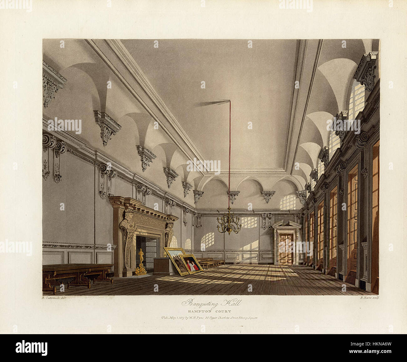 Die Bankettsaal im Hampton Court Palace ist in diesem Gemälde aus dem Jahr 1819 dargestellt, das die Pracht der britischen königlichen Residenzen und ihre historische Bedeutung veranschaulicht. Stockfoto