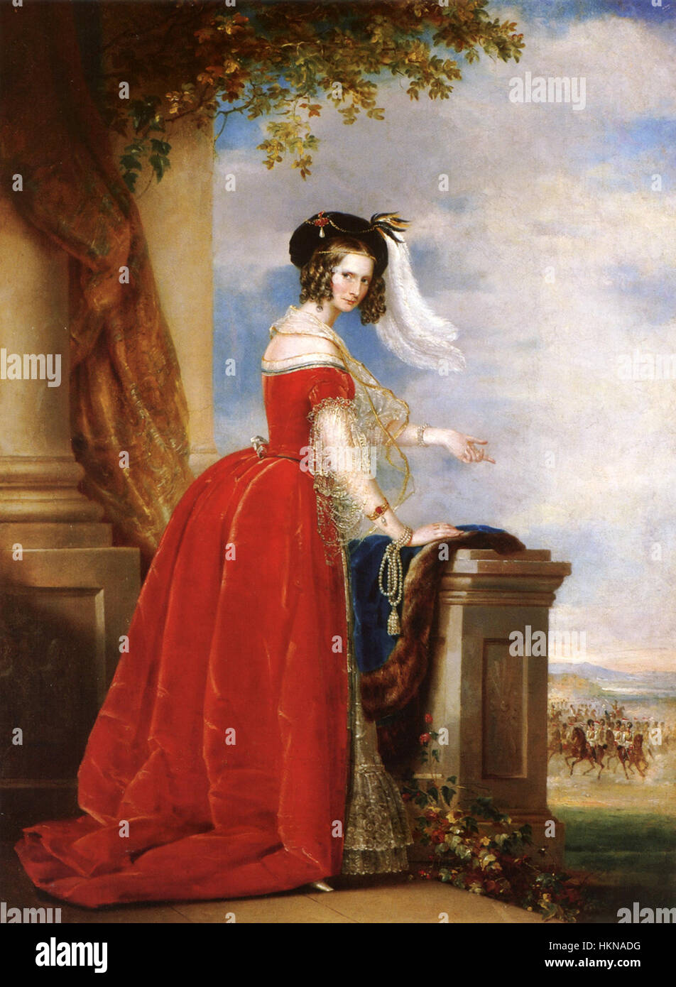 Dieses Porträt von Alexandra Feodorowna aus den 1840er Jahren, gemalt von C. Robertson, fängt die russische Kaiserin in königlicher Kleidung ein. Das leuchtend rote Kleid spiegelt die Pracht und den Adel des russischen Hofes während ihrer Zeit als Kaiserin wider und zeigt die luxuriöse Mode und den emotionalen Ausdruck des Königs. Stockfoto