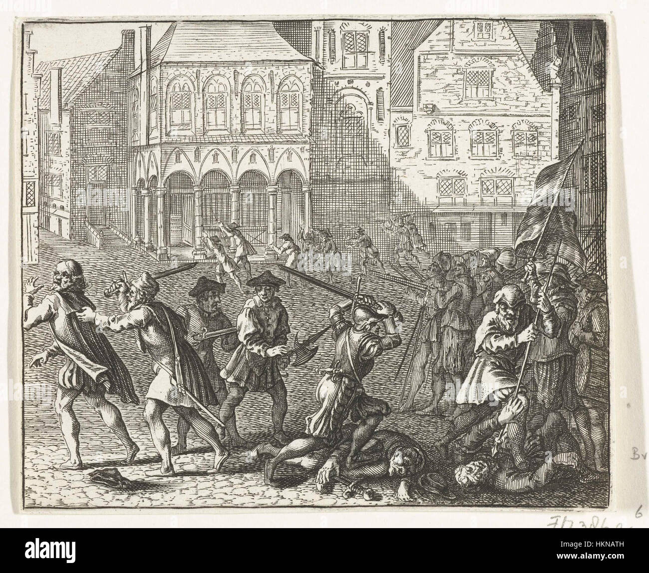 „Wederdopersoproer“ von Barend Dircksz zeigt die turbulenten Ereignisse des Täuferaufstandes von 1535 in Amsterdam. Dieses Ölgemälde veranschaulicht die gewalttätigen Auseinandersetzungen und politischen Unruhen dieser Zeit. Stockfoto