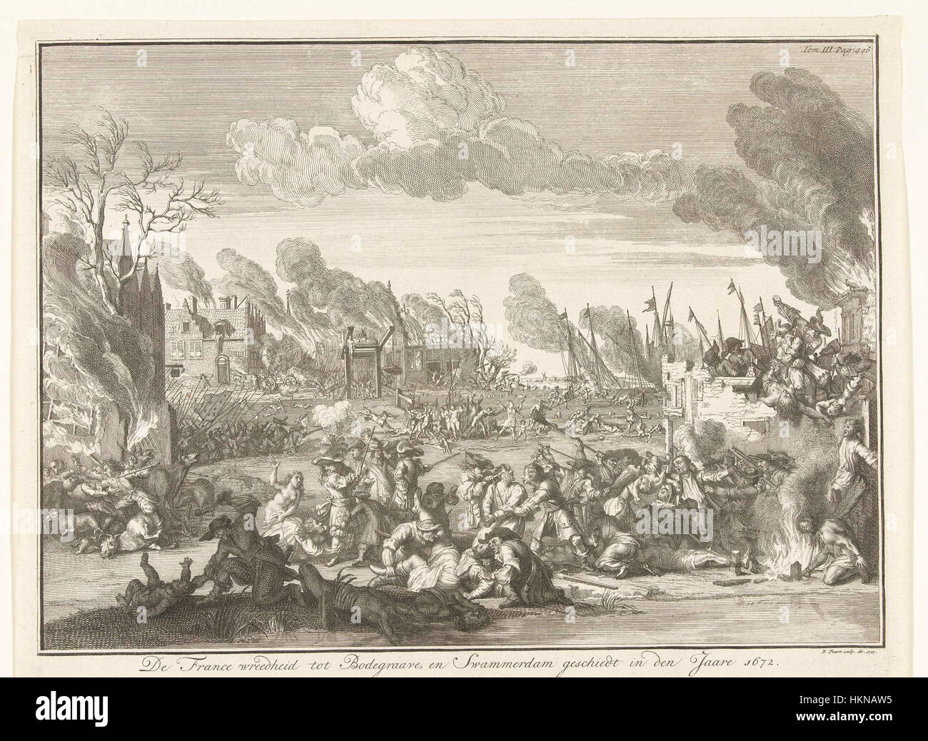 Dieser Stich von Bernard Picart zeigt die Gräueltaten Frankreichs in Bodegraven und Zwammerdam, Ereignisse während der französischen Besetzung der Niederlande. Der Druck fängt die intensive Gewalt und Zerstörung der niederländischen Bevölkerung ein und spiegelt den historischen Kontext dieser Zeit wider. Stockfoto