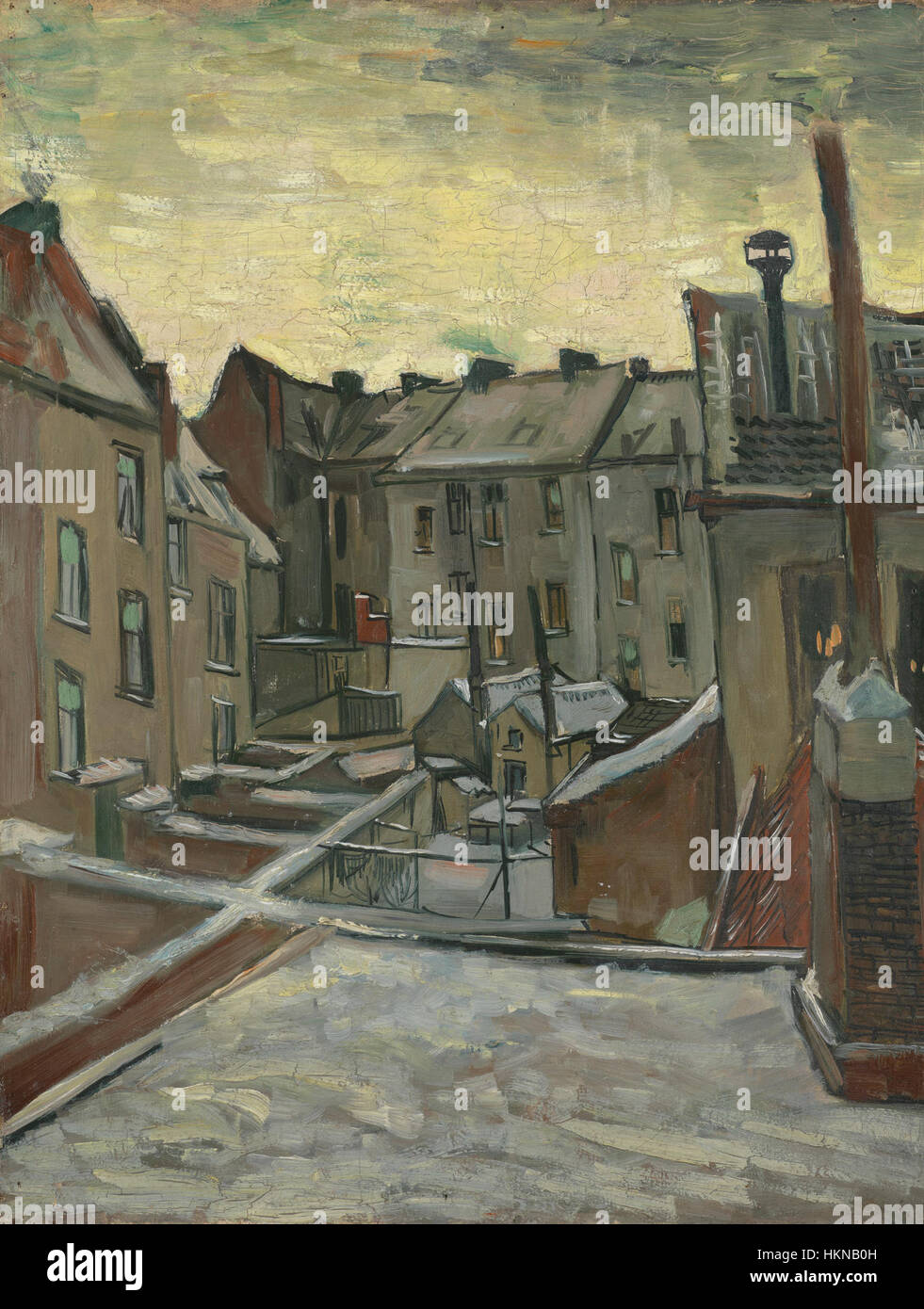 Dieses Werk mit dem Titel „Achterkanten van huizen“ wird im Van Gogh Museum ausgestellt. Es zeigt Vincent van Goghs einzigartigen Stil, den Alltag festzuhalten und sich auf die Rückseite von Häusern zu konzentrieren. Sein Einsatz von Perspektive und Pinselstrichen unterstreicht seine unverwechselbare Herangehensweise an alltägliche Szenen. Stockfoto