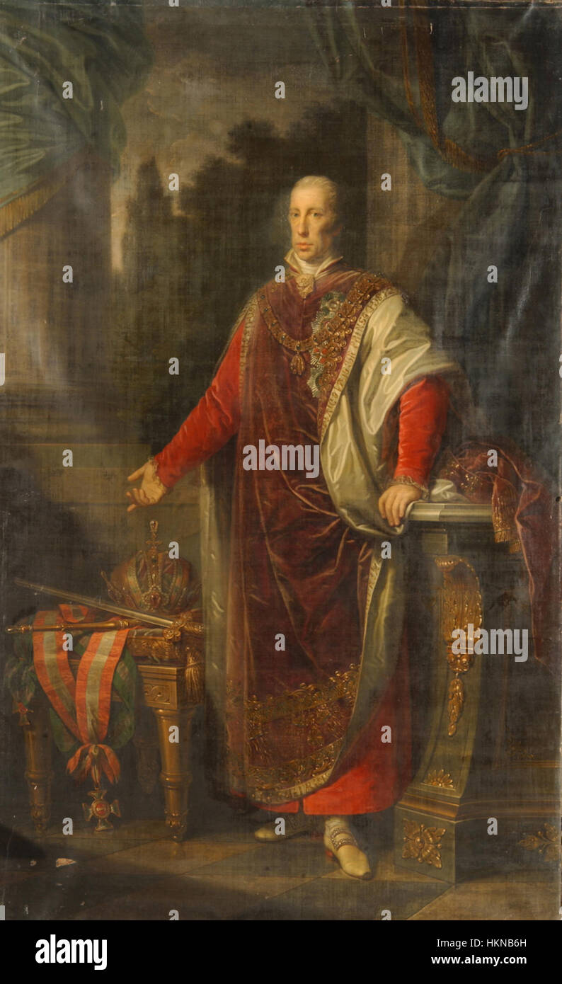 Dieses Porträt von Kaiser Franz I. von Österreich von Jean Baptist zeigt den Herrscher in großer und königlicher Weise und spiegelt seine Bedeutung in der europäischen Geschichte des 19. Jahrhunderts und seinen kaiserlichen Status wider. Stockfoto