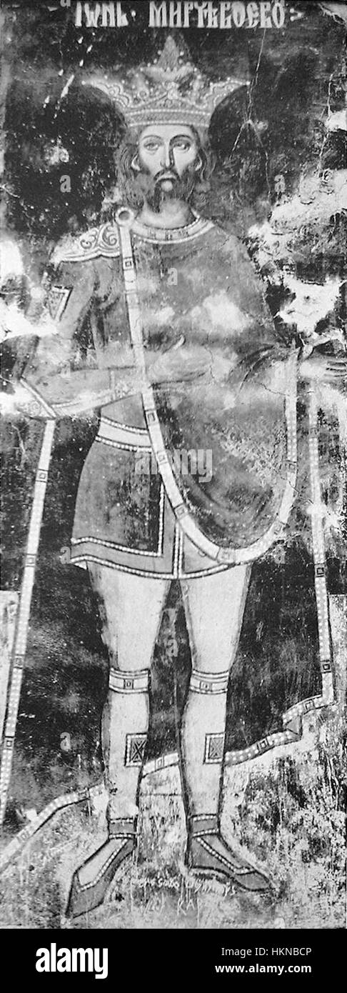 Das Gemälde „Mircea cel Batran“ zeigt die historische Figur Mircea der ältere, eine bedeutende Herrscherin in der rumänischen Geschichte, die für seine militärischen Feldzüge und seine Führung im 14. Jahrhundert bekannt ist. Stockfoto