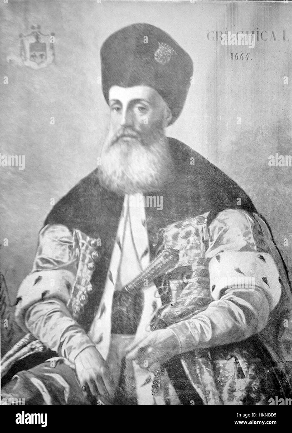 Grigore Ghica, eine bemerkenswerte Figur in der rumänischen Geschichte, ist in diesem Kunstwerk aus dem 18. Jahrhundert dargestellt. Das Porträt fängt seine wichtige Rolle und seinen Einfluss im politischen und kulturellen Leben Rumäniens während dieser Zeit ein. Stockfoto