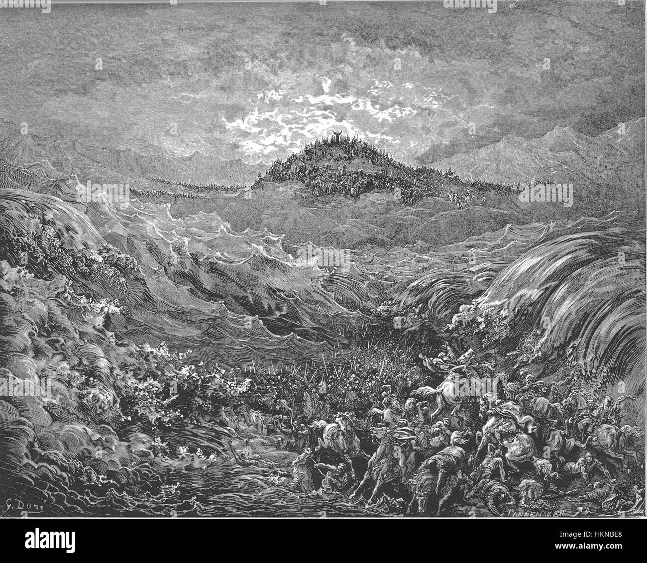 Die Ägypter ertrinken im Meer, ein historisches Gemälde, das das biblische Ereignis aus dem Buch Exodus darstellt, bei dem die ägyptische Armee von dem geteilten Roten Meer verschlungen wird. Stockfoto