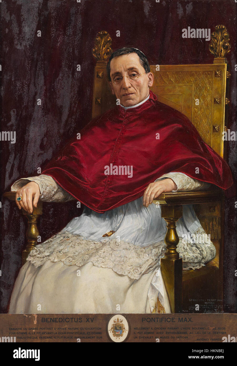 Dieses Ölgemälde stellt Papst Benedikt XV. Dar, der die katholische Kirche während des Ersten Weltkriegs leitete. Bekannt für seine Bemühungen, den Frieden zu fördern, zeigt das Gemälde seine feierliche Natur und sein Engagement für die Kirche während einer Zeit des globalen Konflikts. Stockfoto