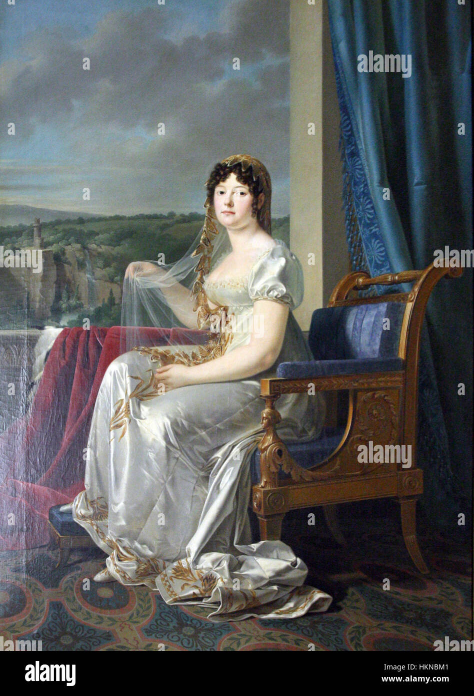 Dieses Porträt zeigt Katharina, Königin von Westfalen, und zeigt ihre königliche Eleganz und den Stil des europäischen königlichen Porträts des 19. Jahrhunderts. Das Gemälde unterstreicht ihre königliche Präsenz und ihren Status als Monarch. Stockfoto