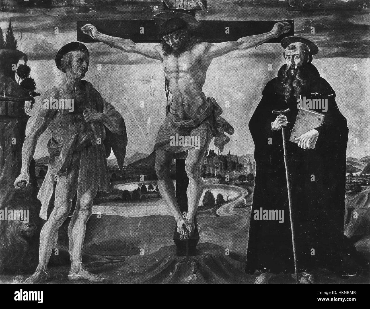 Andrea del Verrocchios Gemälde Crocifissione zeigt die Kreuzigung Christi. Verrocchios Werk ist bekannt für seine detailreiche Darstellung und Beherrschung der Anatomie und fängt die emotionale Intensität des Augenblicks in einer lebendigen, lebensechten Komposition ein. Stockfoto
