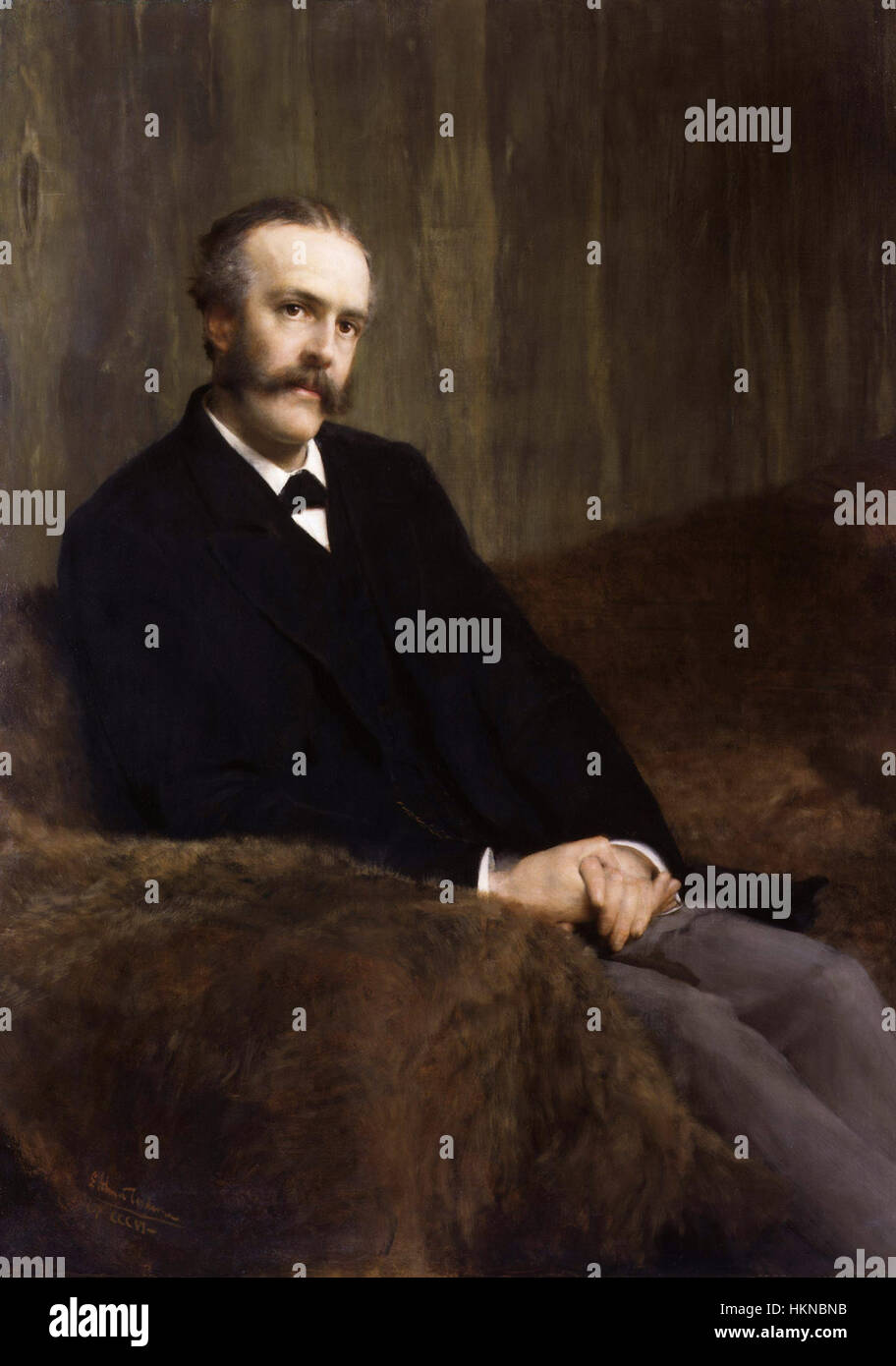 Dieses Ölgemälde von Sir Lawrence Alma-Tadema zeigt Arthur James Balfour, den 1. Earl of Balfour, einen prominenten britischen Staatsmann. Balfour war bekannt für seine Rolle in der britischen Politik, insbesondere im frühen 20. Jahrhundert. Stockfoto