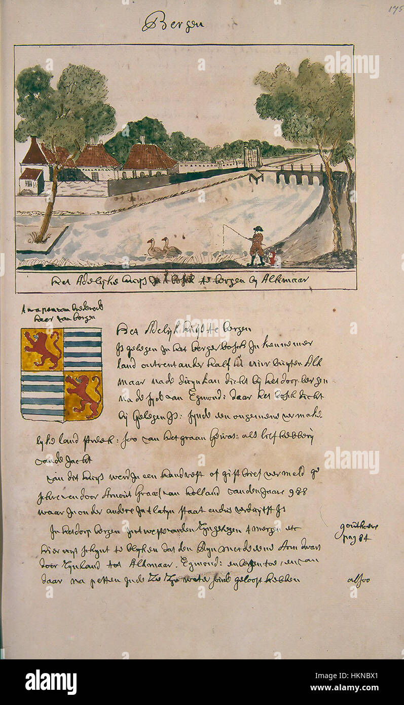 Diese Karte aus dem Atlas Schoemaker zeigt die Region Noord-Holland, einschließlich Bergen. Es handelt sich um ein historisches kartographisches Dokument, das Einblicke in die geographischen und politischen Grenzen des Gebiets im 18. Jahrhundert bietet. Stockfoto