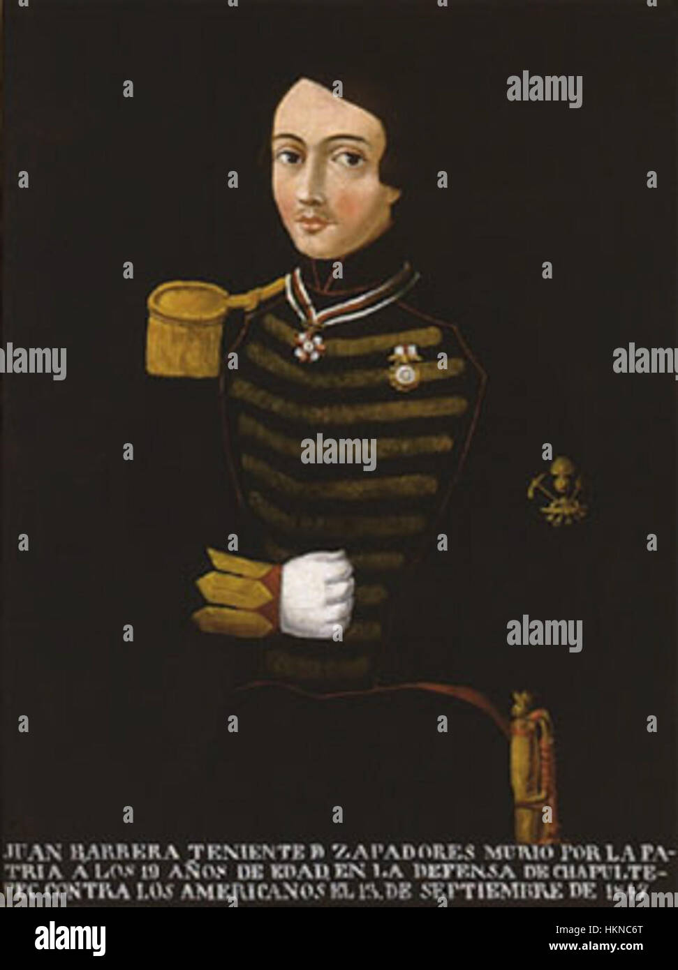 Juan de la Barrera war ein mexikanischer Militärheld, der während des Mexikanisch-Amerikanischen Krieges in der Schlacht von Chapultepec kämpfte. Dieses Gemälde würdigt seine Tapferkeit und sein Opfer und stellt ihn als Symbol für Nationalstolz und mexikanische Unabhängigkeit dar. Stockfoto