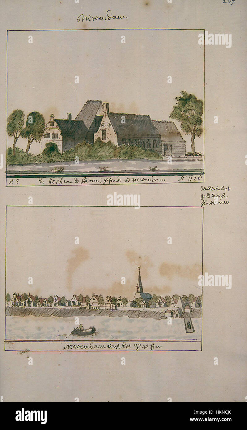 Diese Kartenabbildung von Atlas Schoemaker, die die Region Westfriesland, insbesondere Nieuwendam in Noord-Holland, darstellt, bietet einen detaillierten Überblick über das geografische Layout des 17. Jahrhunderts. Stockfoto