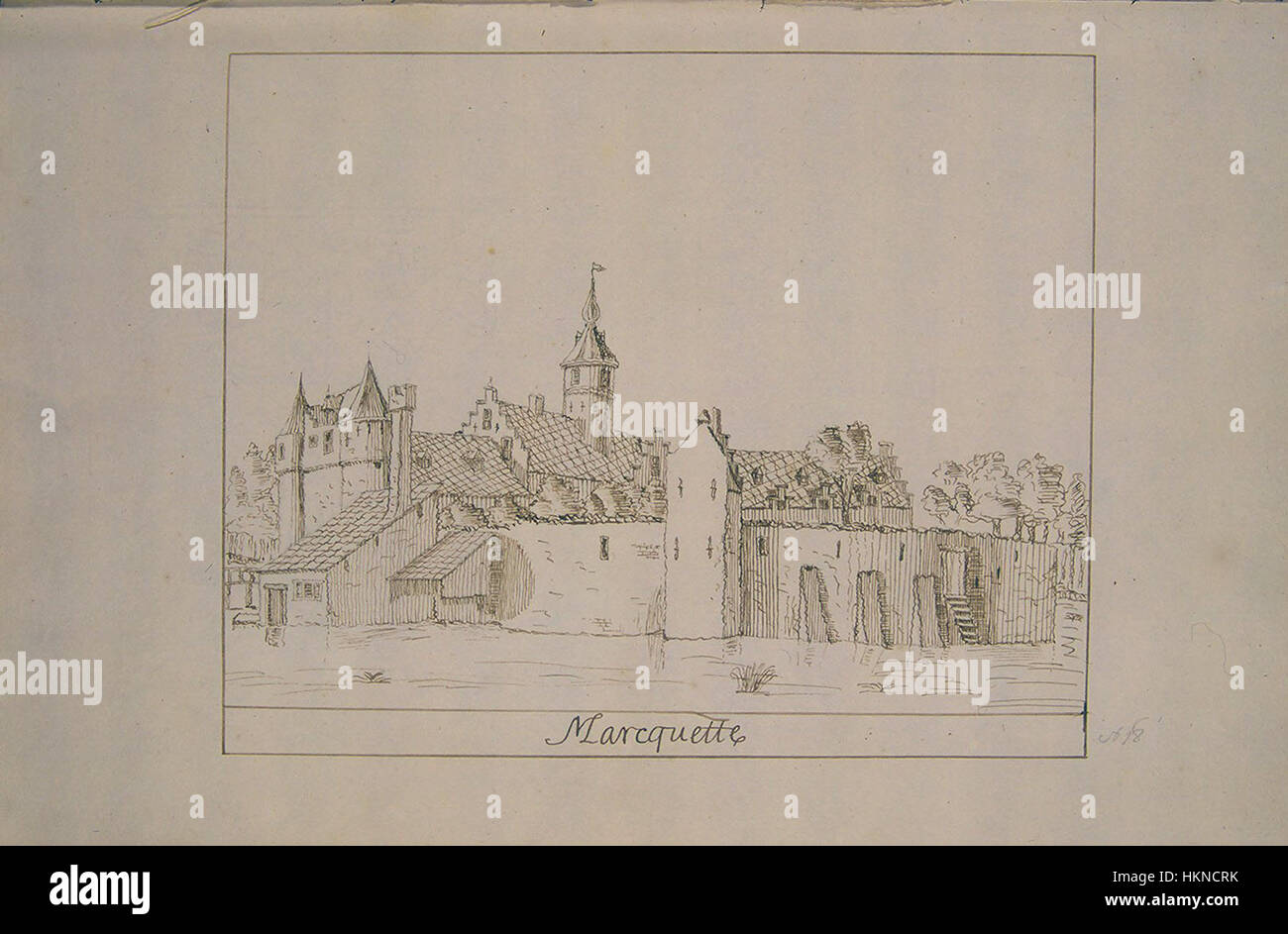 Ein Gemälde von Marcquette Schoemaker, das Burgen in der Atlasregion darstellt und die architektonische Schönheit und historische Bedeutung dieser Bauten zeigt. Stockfoto