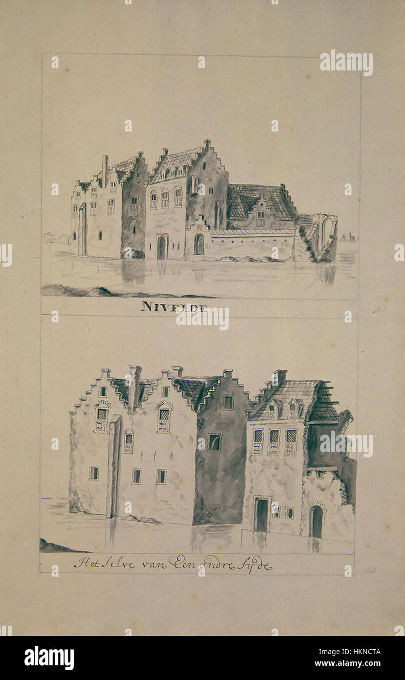 Ein Kunstwerk oder historischer Druck des „Atlas Schoemaker“, der Burgen und historische Wahrzeichen in der Region Nivelde veranschaulicht. Die detaillierte Darstellung erfasst architektonische und geografische Merkmale des Gebiets. Stockfoto