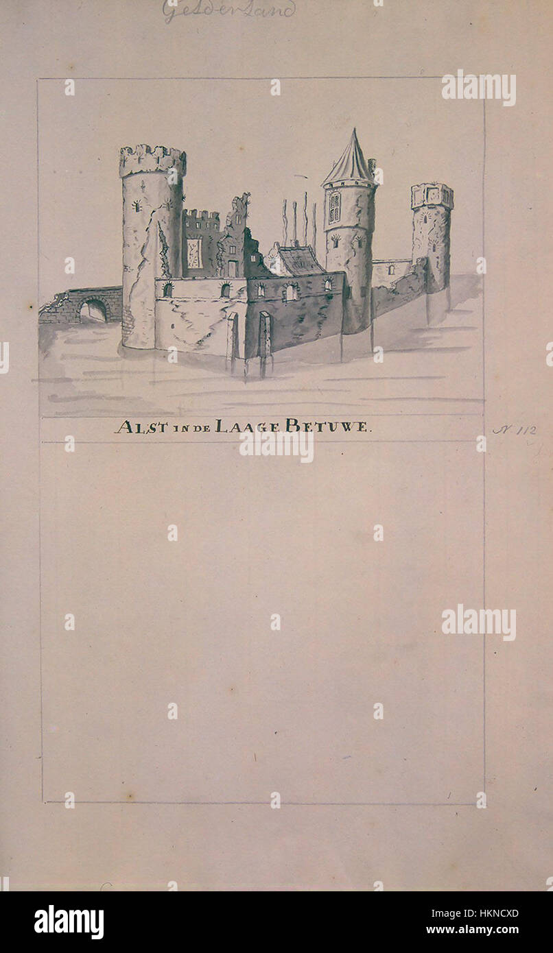 Ein atlas-Eintrag mit dem Titel „KASTELEN-2610-Kastelen, Alst“, der die Burgen von Alst, Belgien, darstellt. Das Kunstwerk bietet detaillierte Darstellungen der architektonischen Besonderheiten und der historischen Bedeutung der Schlösser der Region. Stockfoto