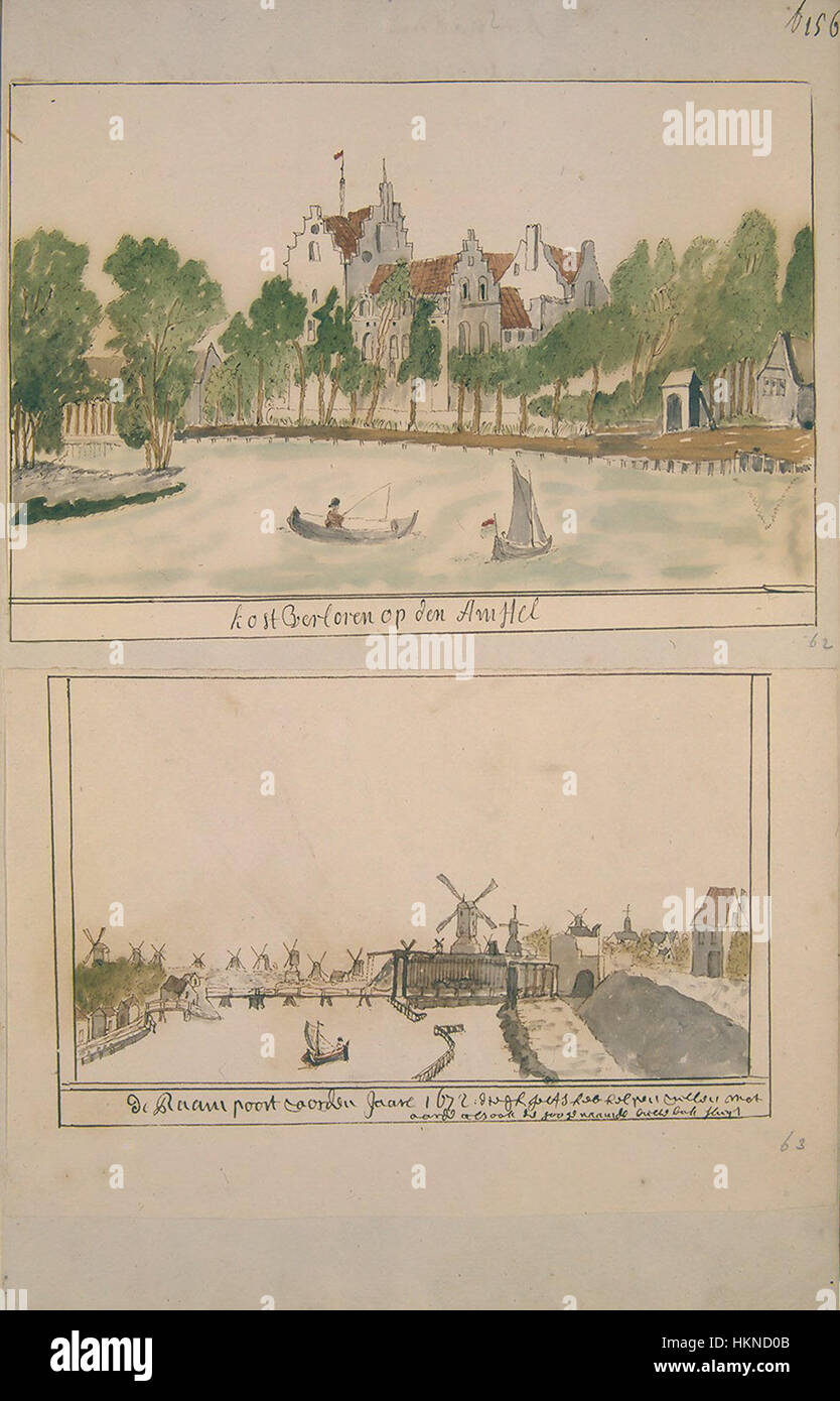 Diese Illustration des *Atlas Schoemaker* zeigt die Kastelen in Amsterdam und zeigt die architektonische Schönheit und das Layout der Schlösser und Gutshöfe in der Region. Es ist ein Beispiel für topographische Kunst des 18. Jahrhunderts, die niederländische aristokratische Strukturen zeigt. Stockfoto