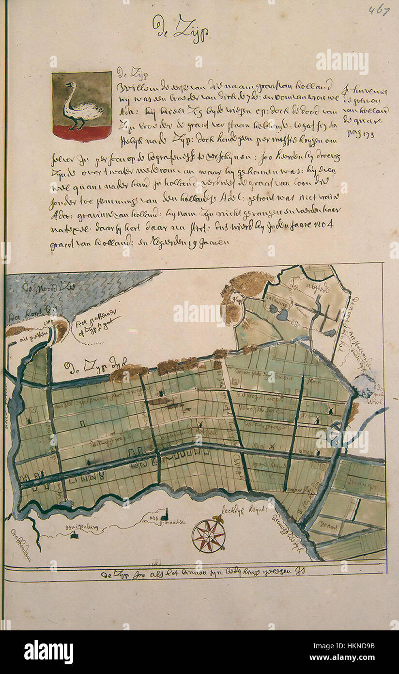 Diese Kartenabbildung, *WESTFRIESLAND-DEEL4-1280*, zeigt die Region de Zijpe in Noord-Holland, Niederlande. Die Karte ist eine wichtige historische Ressource, die die geografische und kulturelle Landschaft des Gebiets im 17. Jahrhundert beschreibt. Stockfoto