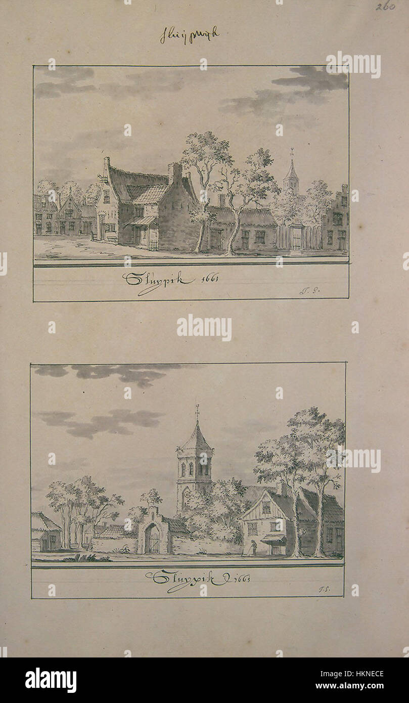 Dieses Kunstwerk von Atlas Schoemaker zeigt das Dorf Sluipwijk in Zuid-Holland und veranschaulicht die ruhige ländliche Umgebung und die traditionellen niederländischen Dorfstrukturen. Stockfoto
