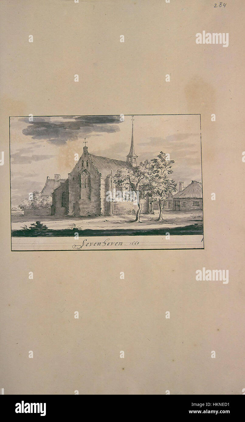 Diese Karte von Atlas Schoemaker zeigt die Region Zuid-Holland, insbesondere Zevenhoven. Es bietet eine detaillierte und genaue Darstellung der geografischen Lage und der Sehenswürdigkeiten in diesem Teil der Niederlande während des frühen 18. Jahrhunderts. Stockfoto
