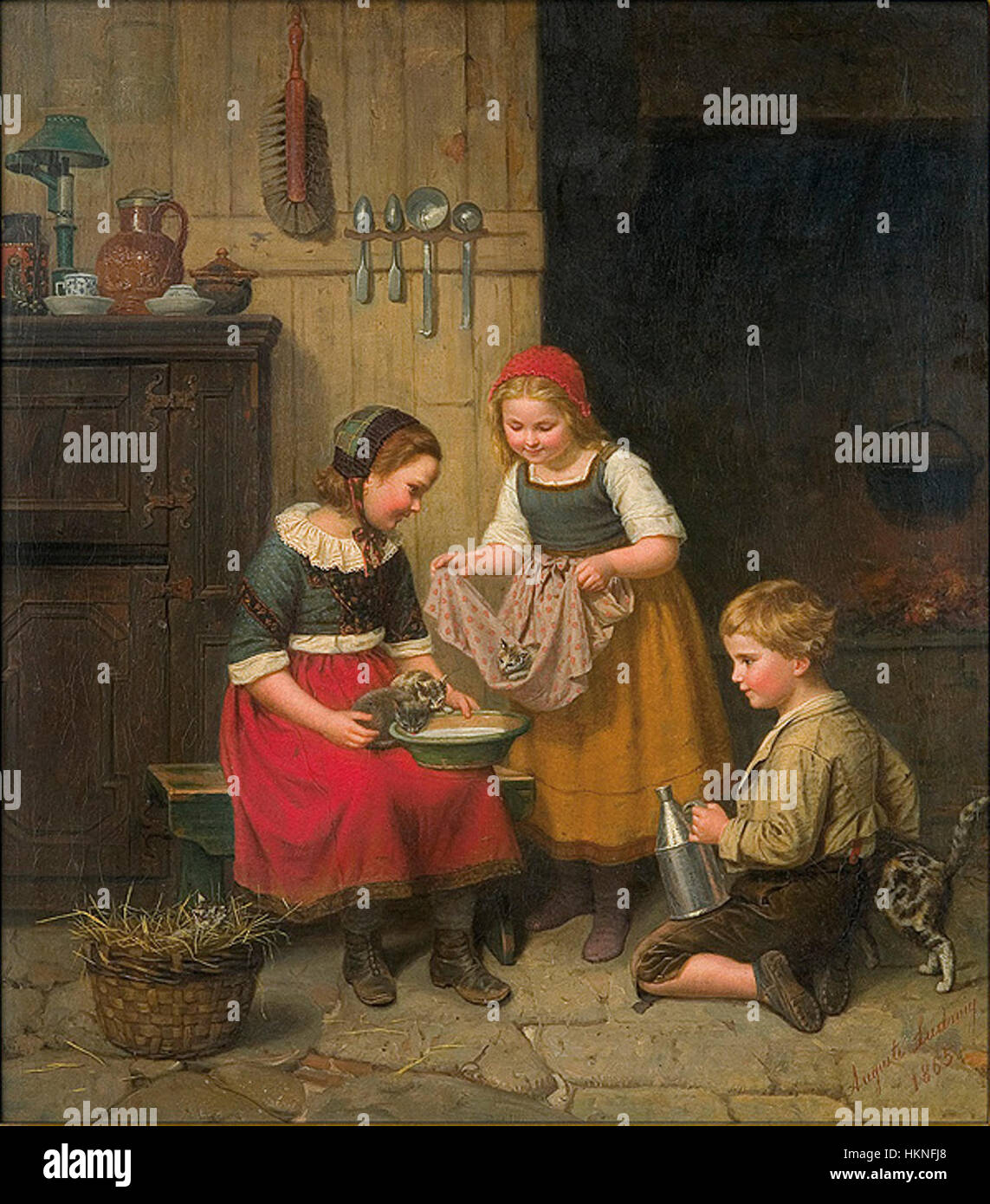 Ein Gemälde von Auguste Ludwig aus dem Jahr 1865, das den unverwechselbaren Stil und historischen Einfluss des Künstlers zeigt. Das Werk repräsentiert die künstlerischen Bewegungen der Mitte des 19. Jahrhunderts, mit Liebe zum Detail und den künstlerischen Trends der Epoche. Stockfoto