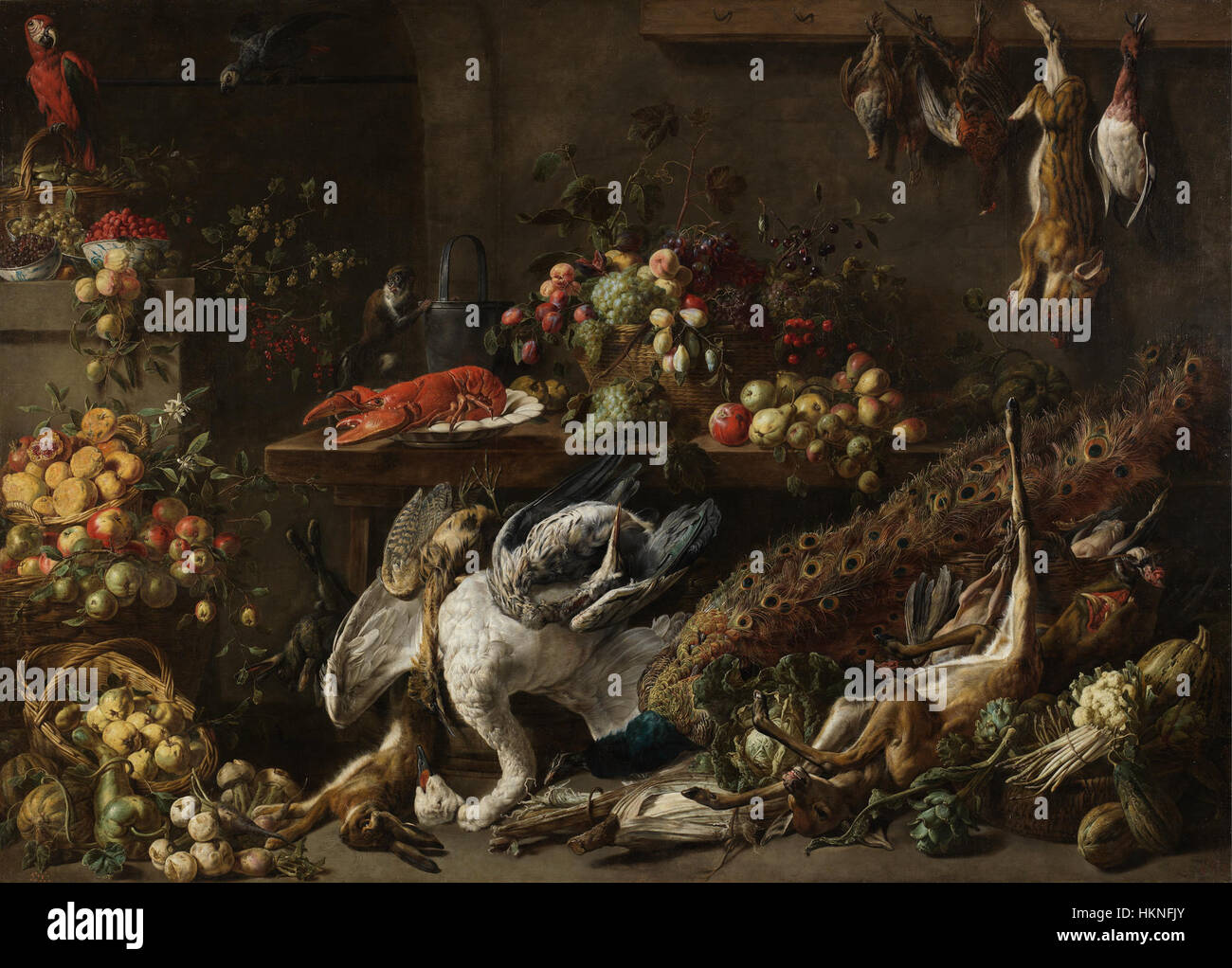 „A Pantry“ von Adriaen van Utrecht ist ein Stillleben-Gemälde, das eine detaillierte Anordnung von Lebensmitteln darstellt und die niederländische Tradition der Stillleben-Malerei im 17. Jahrhundert widerspiegelt. Die Arbeit zeigt reichhaltige Texturen und die realistische Darstellung von Alltagsgegenständen. Stockfoto