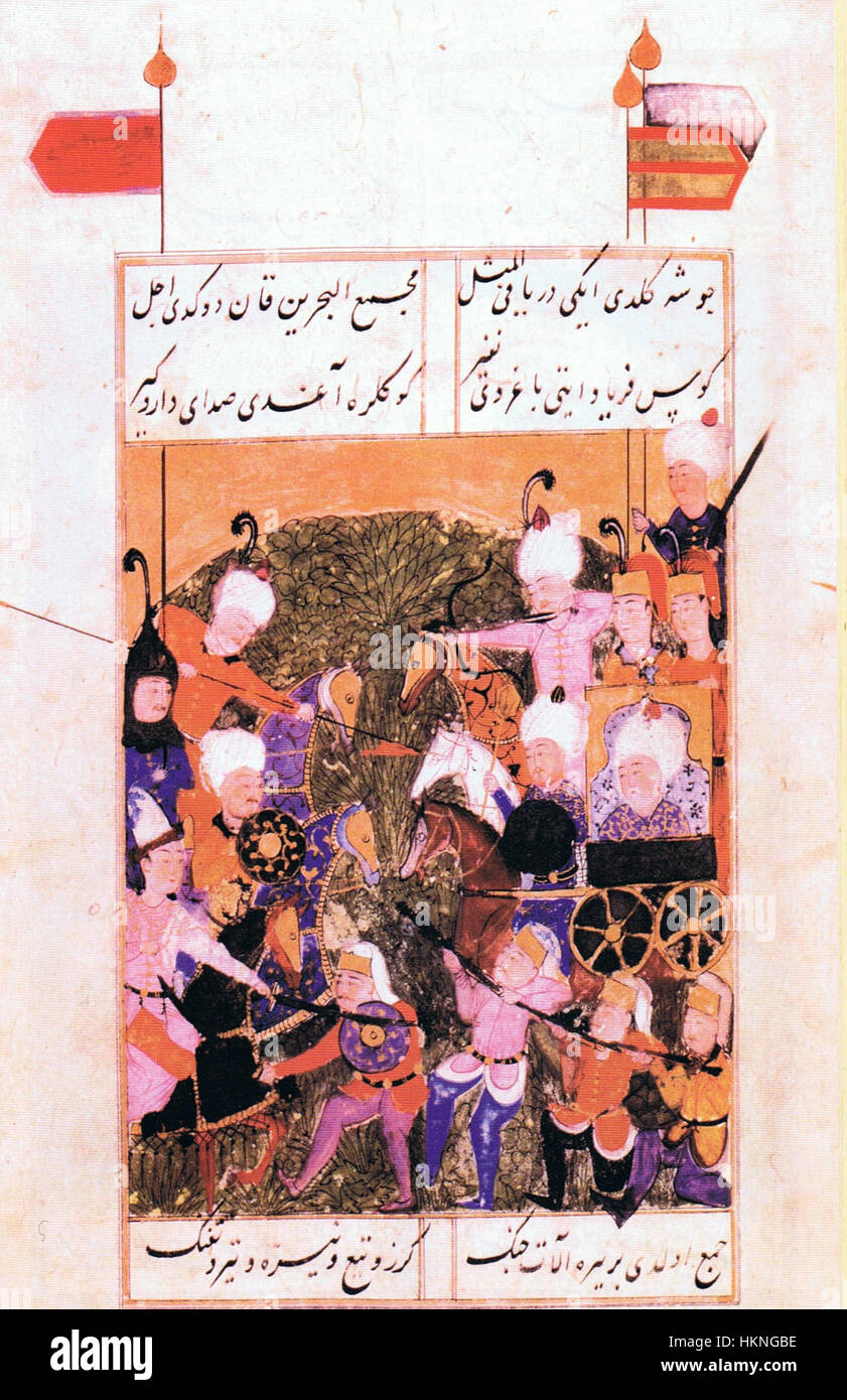 Bayezid-Selim ist ein historisches Gemälde, das zwei osmanische Sultane, Bayezid I. und Selim I., in königlicher Kleidung darstellt. Das Kunstwerk zeigt die Größe und Autorität dieser Herrscher, die eine Schlüsselrolle in der Expansion und Geschichte des Osmanischen Reiches spielten. Ihre Darstellung in diesem Kunstwerk unterstreicht ihre Macht und historische Bedeutung. Stockfoto