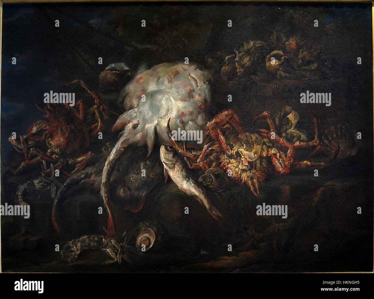 „Poissons Araignees“ von Boselli ist ein lebendiges Gemälde mit Unterwasserkrebsen wie Spinnenkrabben und anderen Meeresbewohnern. Das Kunstwerk betont die Schönheit und Vielfalt der Meeresökosysteme und zeigt Bosellis detaillierte Darstellung der Meereslebewesen. Stockfoto