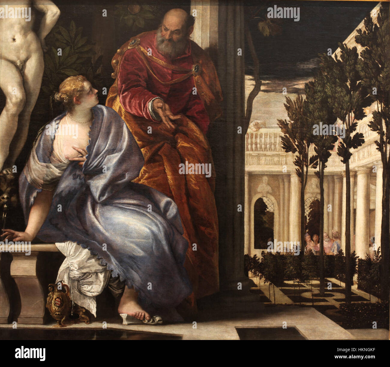 „Bathsheba in her Bath“ von Veronese ist ein berühmtes Ölgemälde aus der venezianischen Renaissance. Es zeigt die biblische Szene von Bathseba, dargestellt in einem Moment der privaten Reflexion, mit komplizierten Details, die Veronese's Beherrschung von Farbe und Komposition widerspiegeln. Das Gemälde ist in der MBA Lyon-Sammlung untergebracht. Stockfoto
