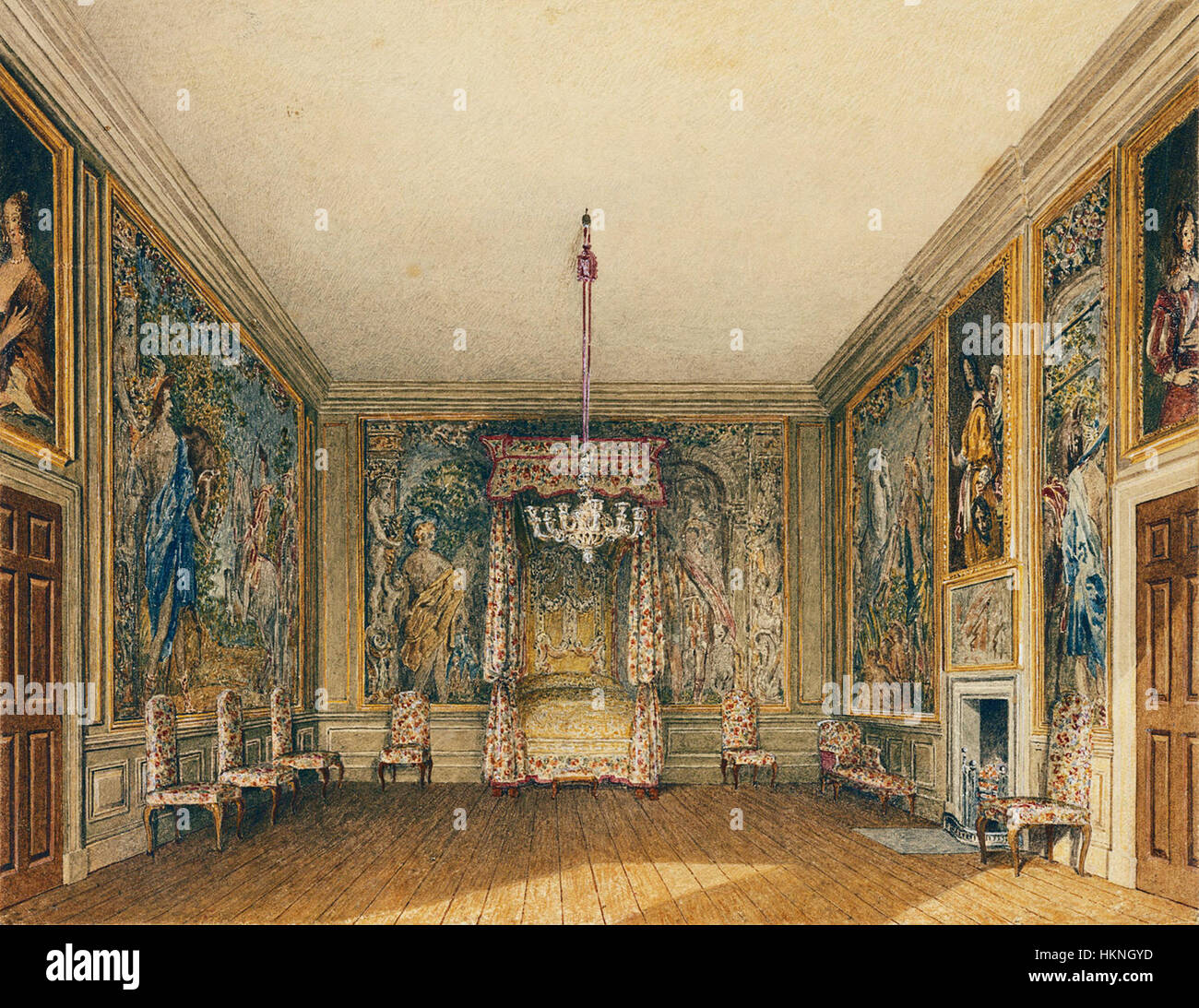 Ein Gemälde von Charles Wild aus dem Jahr 1819, das die alte Bettkammer am St. James’s Palace zeigt. Das Werk fängt das königliche Innere ein und spiegelt die Opulenz und historische Bedeutung des Palastes wider. Stockfoto