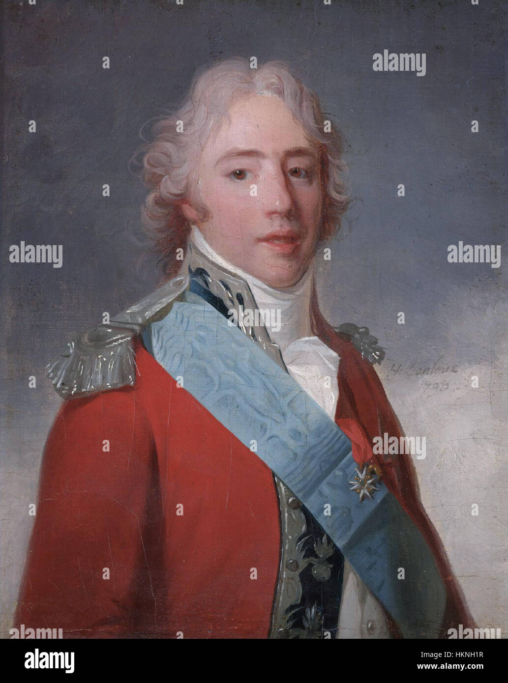 Dieses Porträt von Henri Pierre Danloux zeigt den Comte d’Artois, der später Karl X. von Frankreich wurde. Das Gemälde fängt die königliche Figur mit großem Detail ein und zeigt die Mode und den Stil des späten 18. Jahrhunderts. Stockfoto