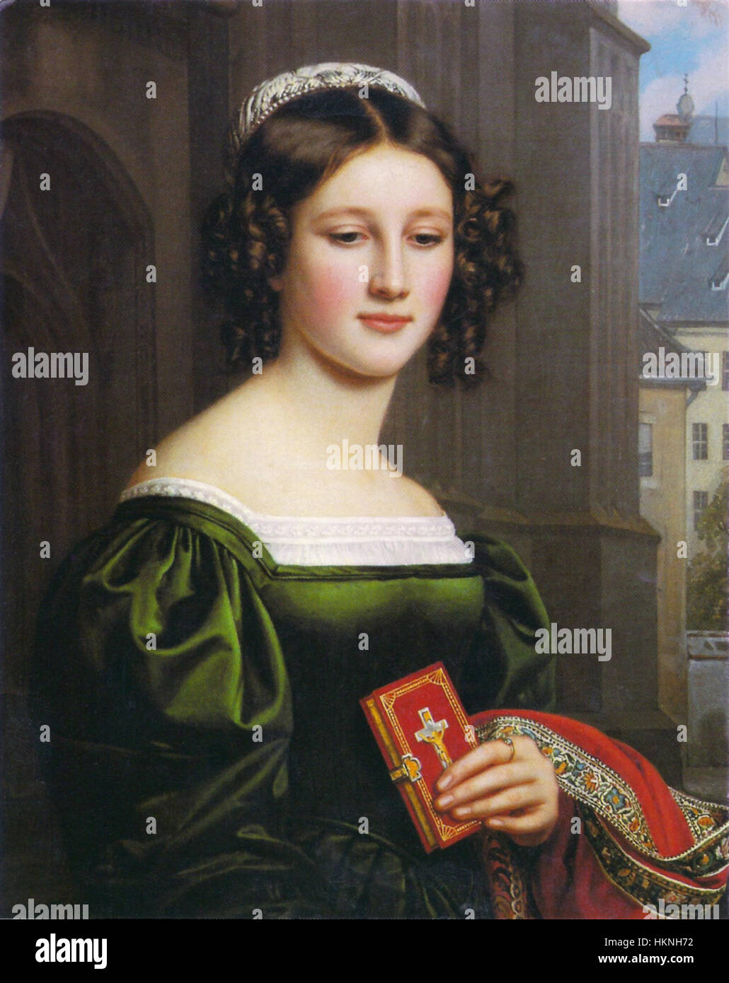 Dieses Porträt von Anna Hillmayer, gemalt von Joseph Stieler im Jahr 1829, fängt den eleganten Stil des frühen 19. Jahrhunderts ein. Stielers Beherrschung von Licht und Farbe bringt die Anmut und Raffinesse des Sitters zum Ausdruck. Stockfoto