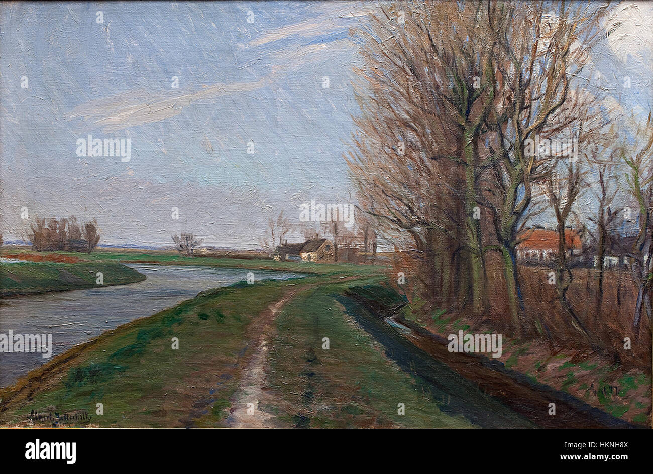 „Eftermiddag i april“ (Nachmittag im April) von Albert Gottschalk ist eine wunderschöne Darstellung des Frühlings, die das Licht, die Farben und die Ruhe der Jahreszeit in einem delikaten Ölgemälde einfängt. Stockfoto